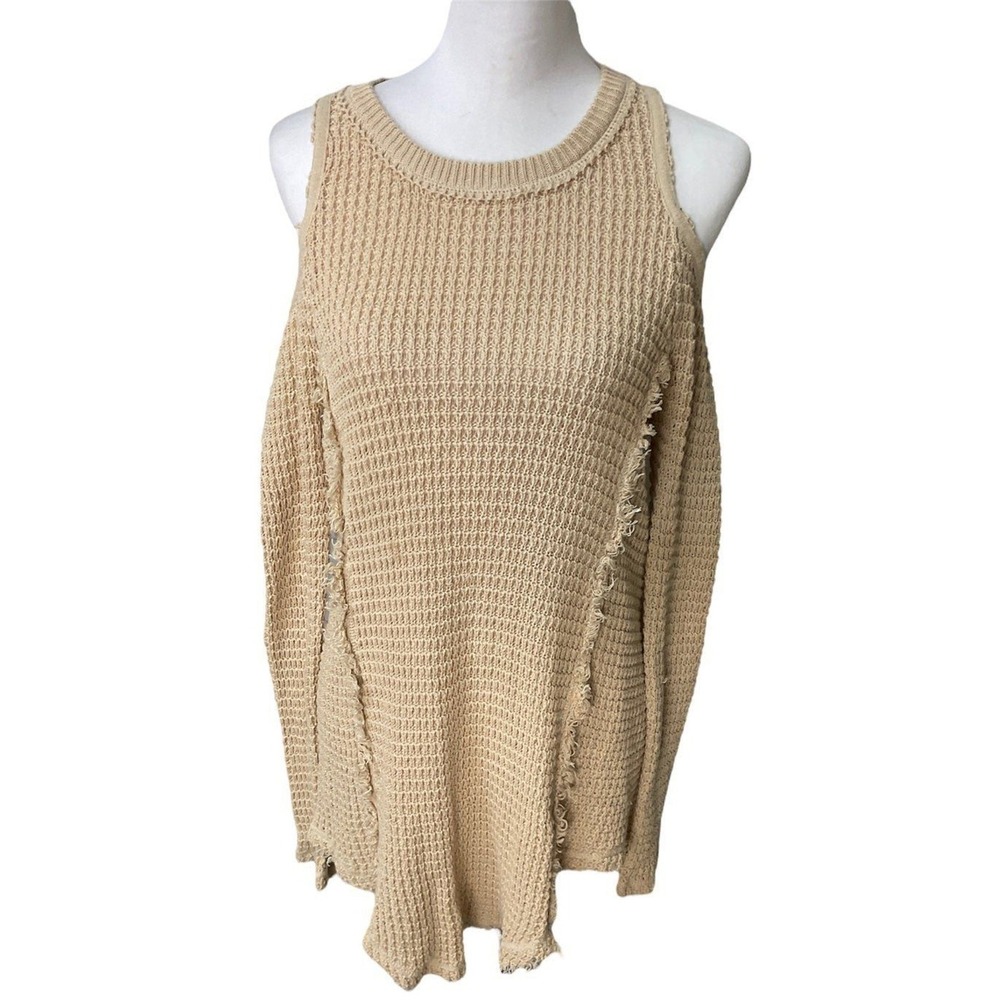 Saks Fifth Avenue Women Beige Knit Cold Shoulder Sweater 100% Cotton Top XS (E2)